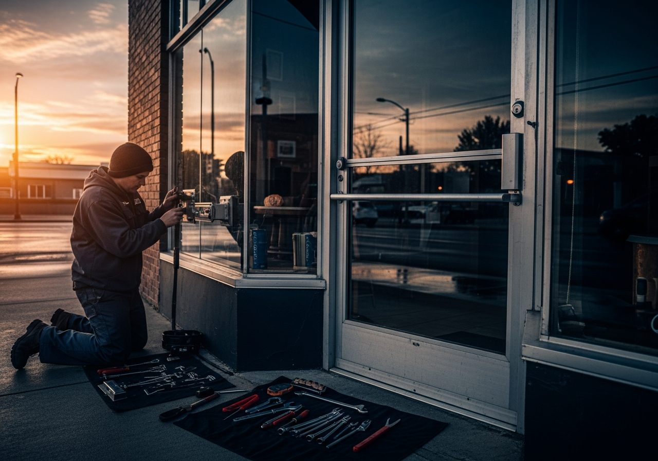 A locksmith servicing a commercial storefront door