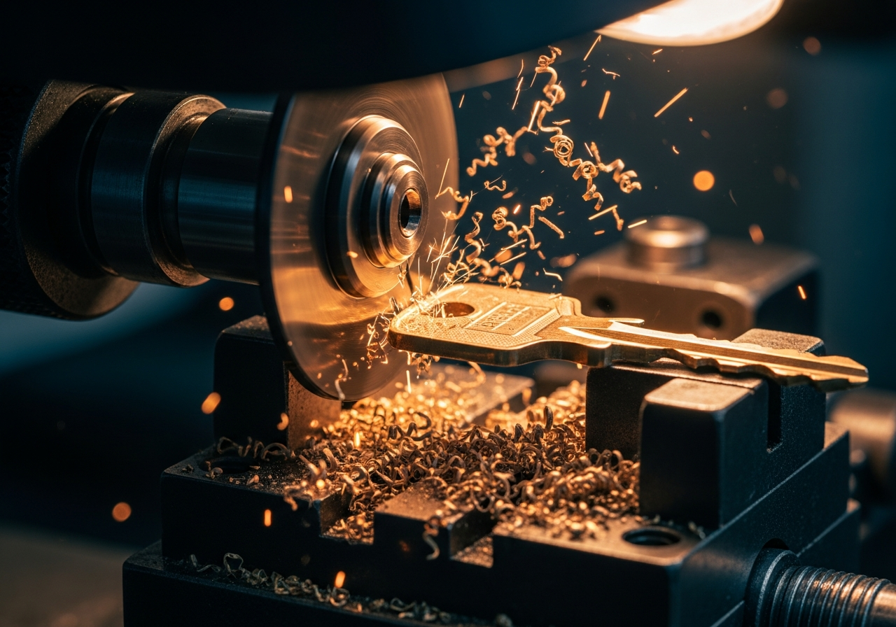 A key being cut on a mobile key machine