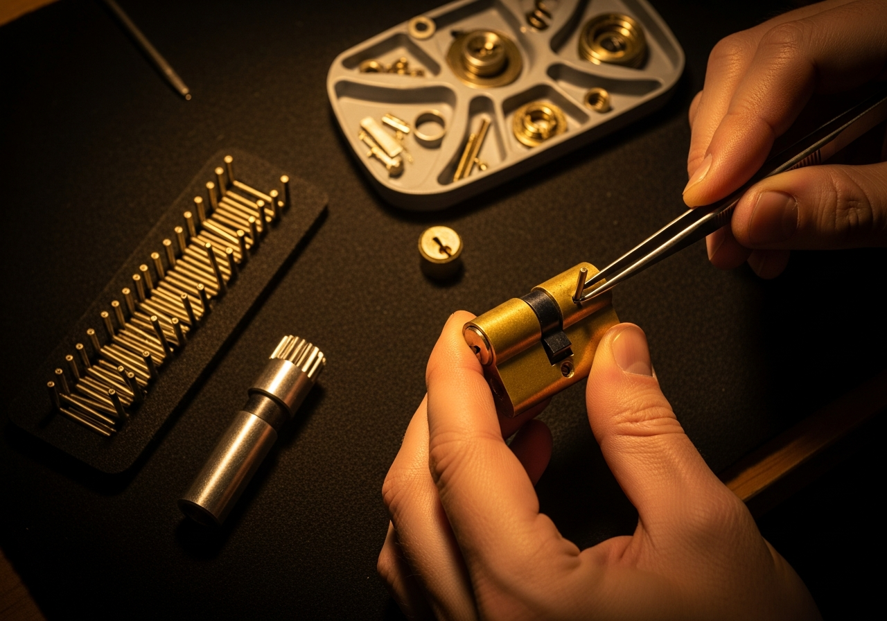 A locksmith re-pinning a lock cylinder on a work mat