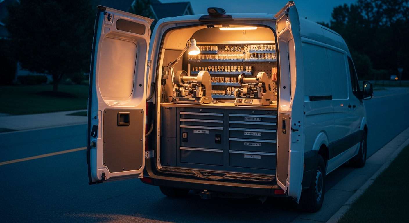 A stocked mobile locksmith van in a Maryland neighbourhood